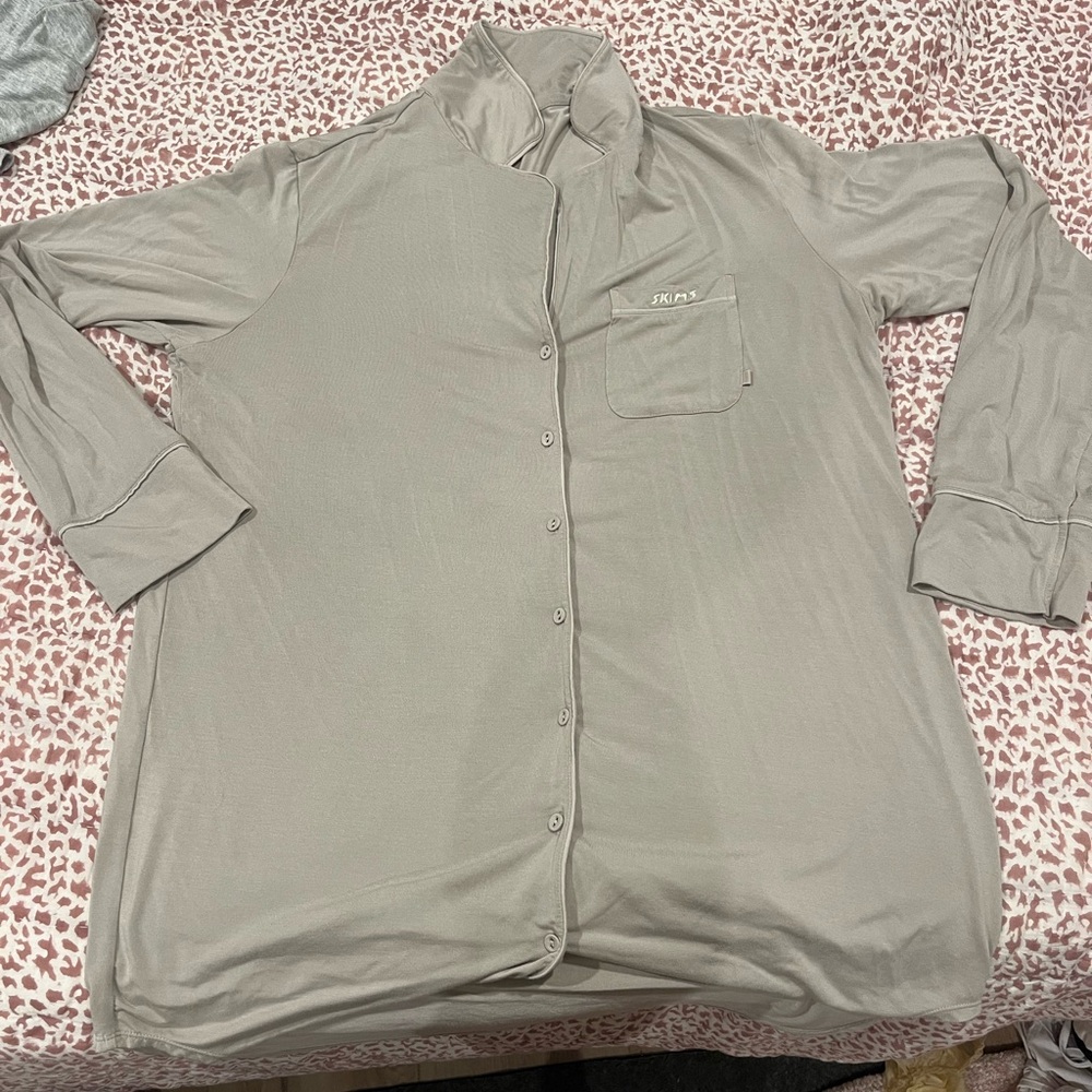 Beige Button-Up Shirt cotton sleepwear